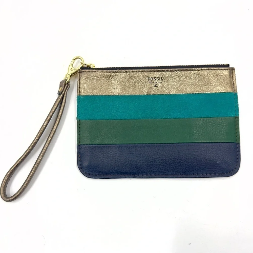 Fossil Leather Striped Wristlet Pouchette Wallet Bag Metallic Zip Pouch Clutch